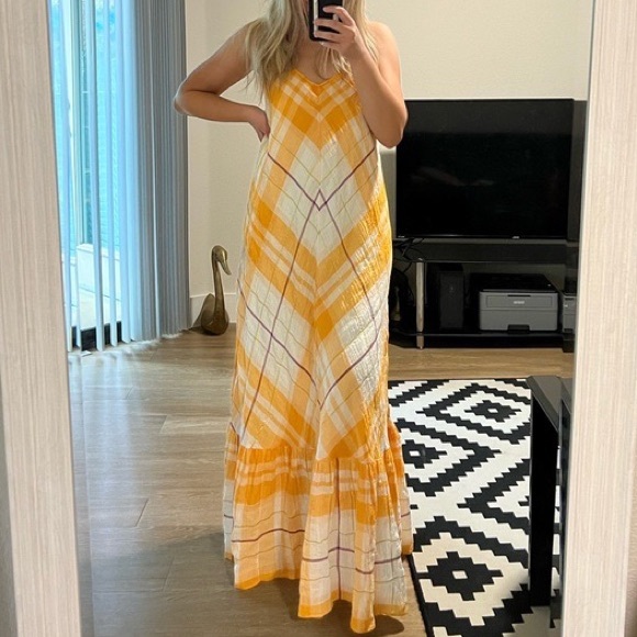 Anthro Holding Horses Cream & Mango Gold Plaid Maxi Dress - Picture 5 of 14